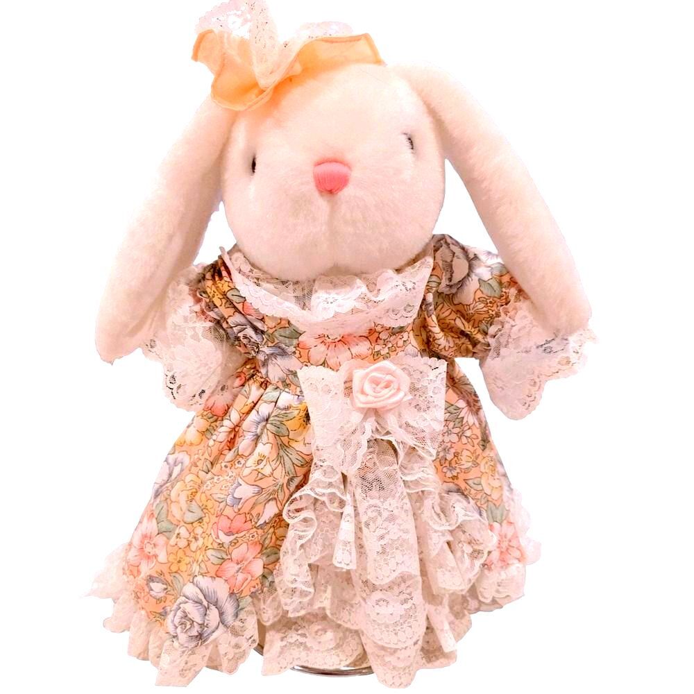 VTG 90s Dan Dee Victorian Bunny Princess 12" Pink Floral Gown Lace Dress